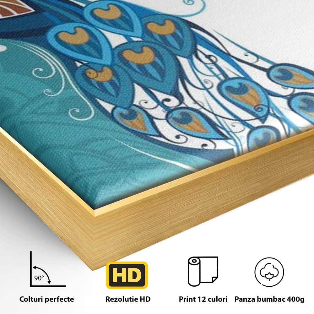 Detaliu al suprafetei: ilustratie digitala cu paun si pene, in rama de aluminiu auriu
